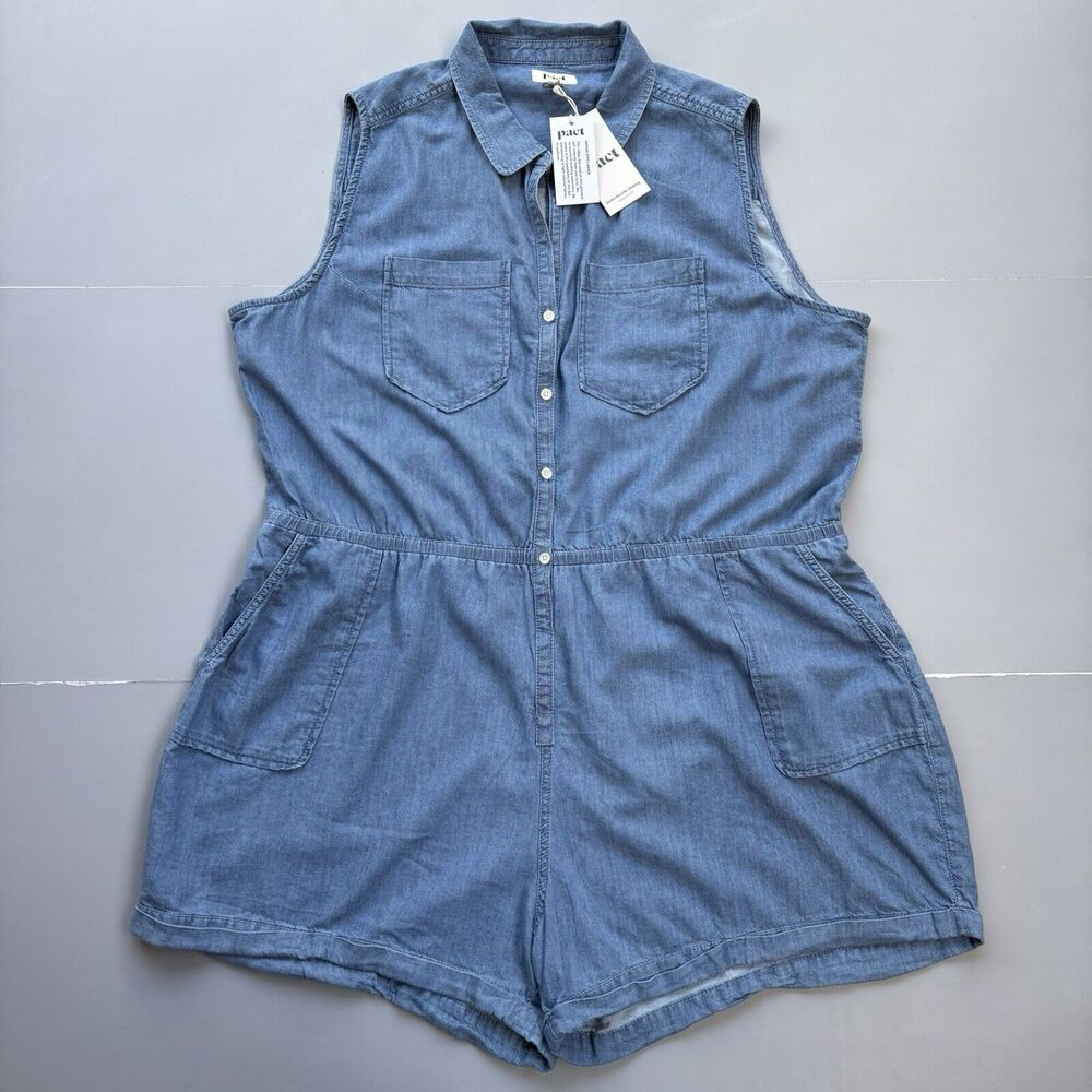 Pact Organic Soft Cotton XXL Denim Chambray Romper Sleeveless Pockets Costal NEW